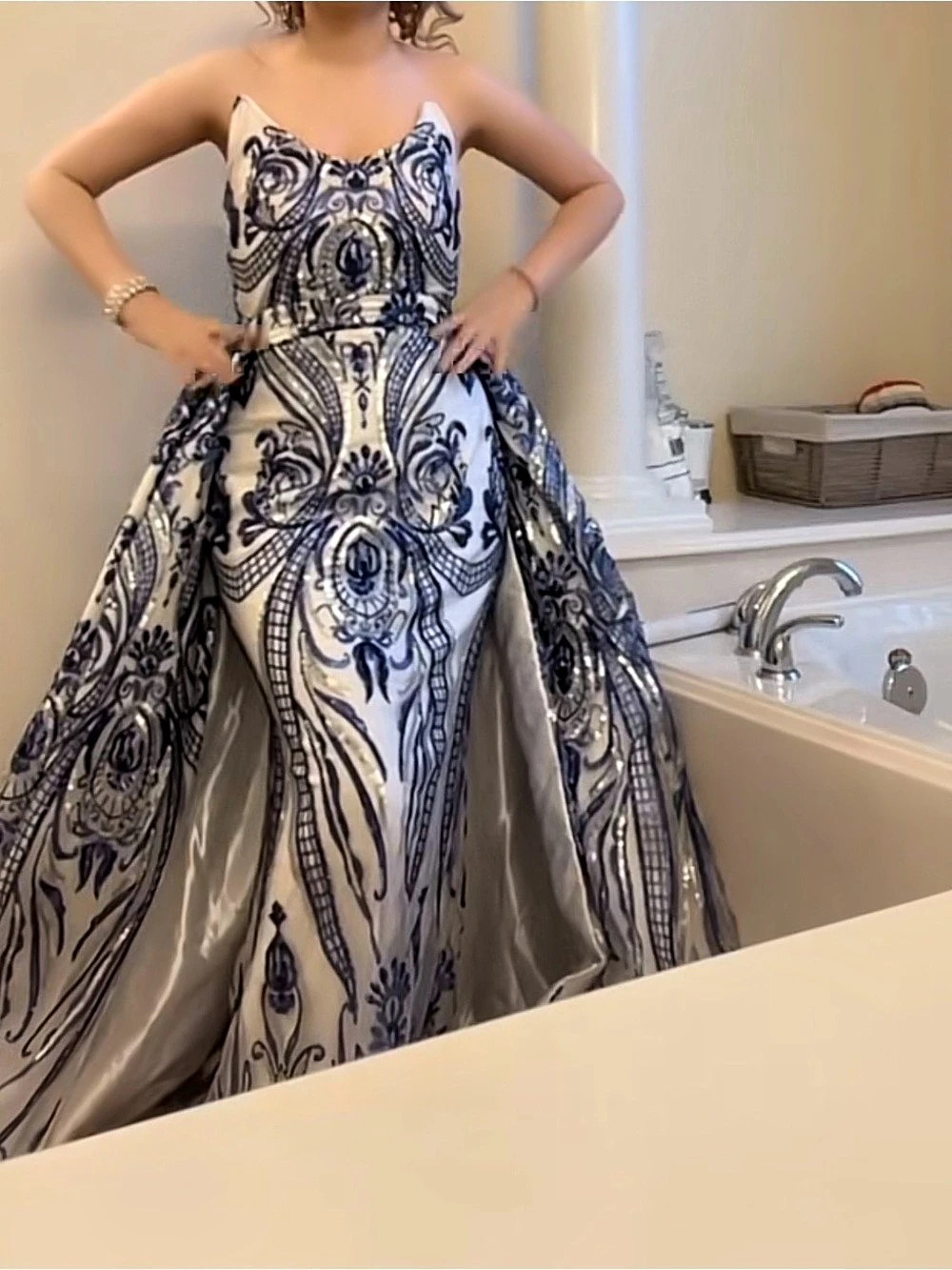 Custom Strapless Prom Dress in Blue & White with detachable cape